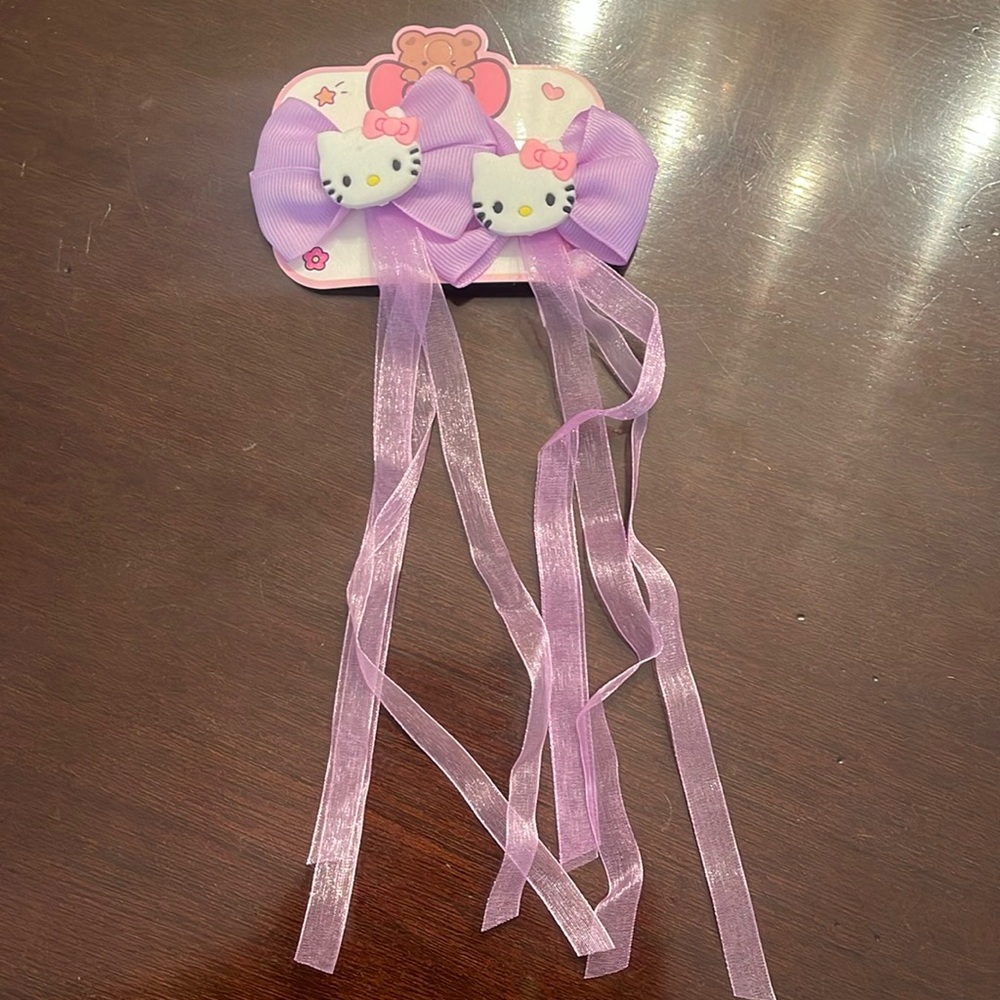 Hello Kitty purple Hair Bows set of two clips with streaming ribbon nwt